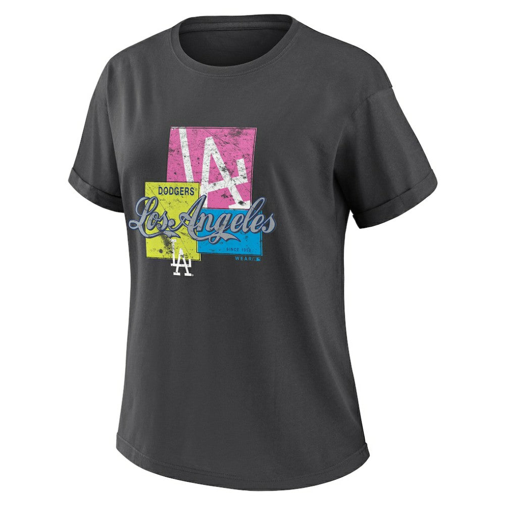 Los Angeles Dodgers WEAR by Erin Andrews Women's Domestic Box Color Boyfriend T-Shirt - Charcoal T-shirts