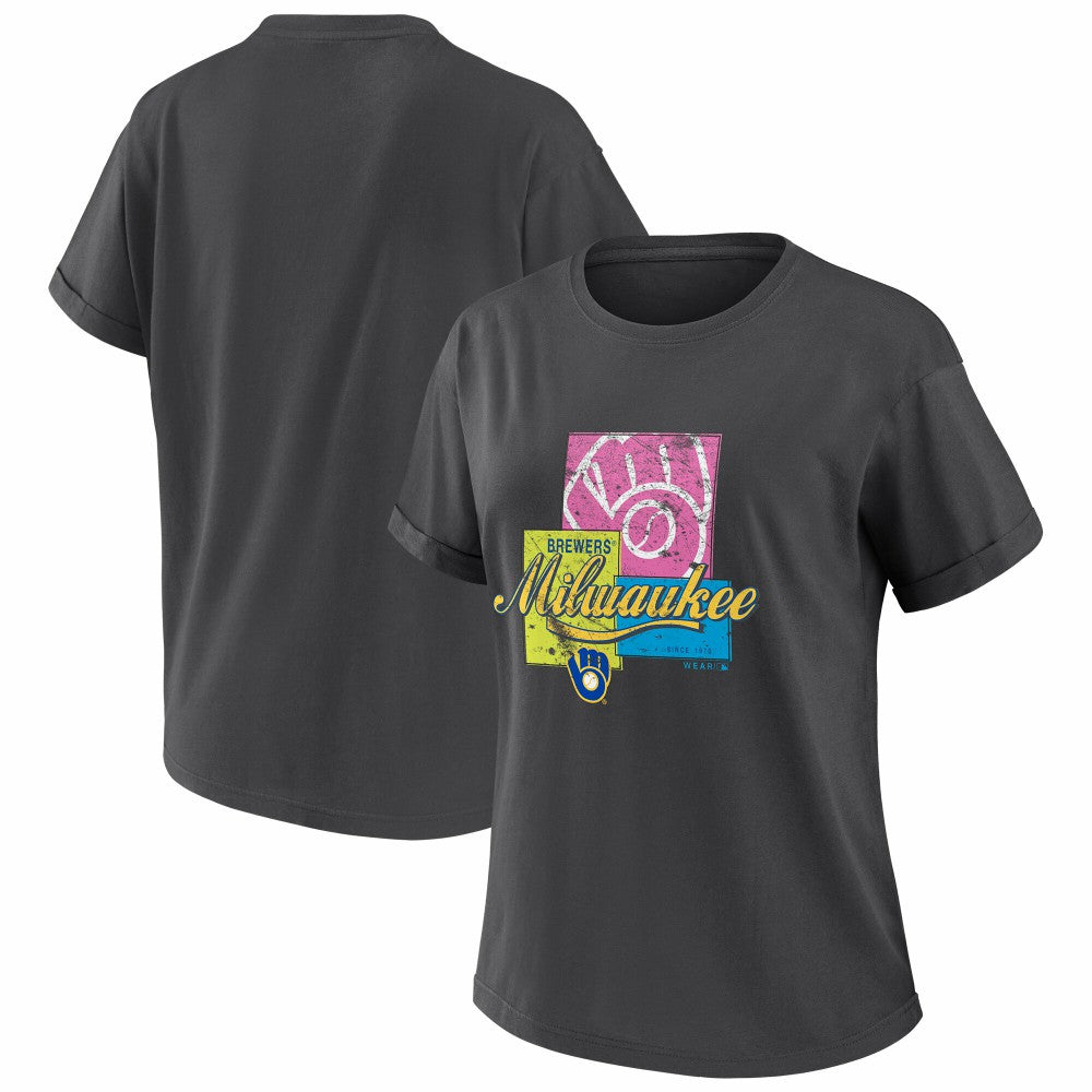 Milwaukee Brewers WEAR by Erin Andrews Women's Domestic Box Color Boyfriend T-Shirt - Charcoal T-shirts