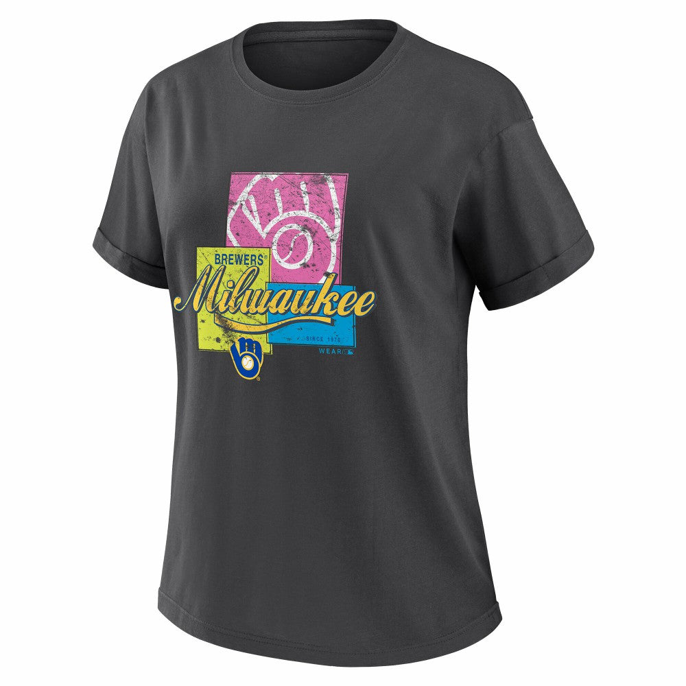 Milwaukee Brewers WEAR by Erin Andrews Women's Domestic Box Color Boyfriend T-Shirt - Charcoal T-shirts