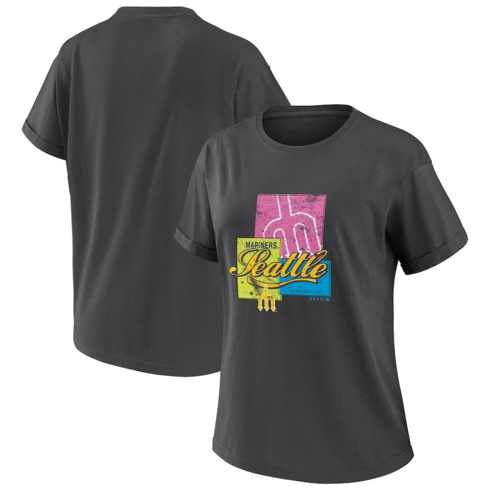 Seattle Mariners WEAR by Erin Andrews Women's Domestic Box Color Boyfriend T-Shirt - Charcoal T-shirts