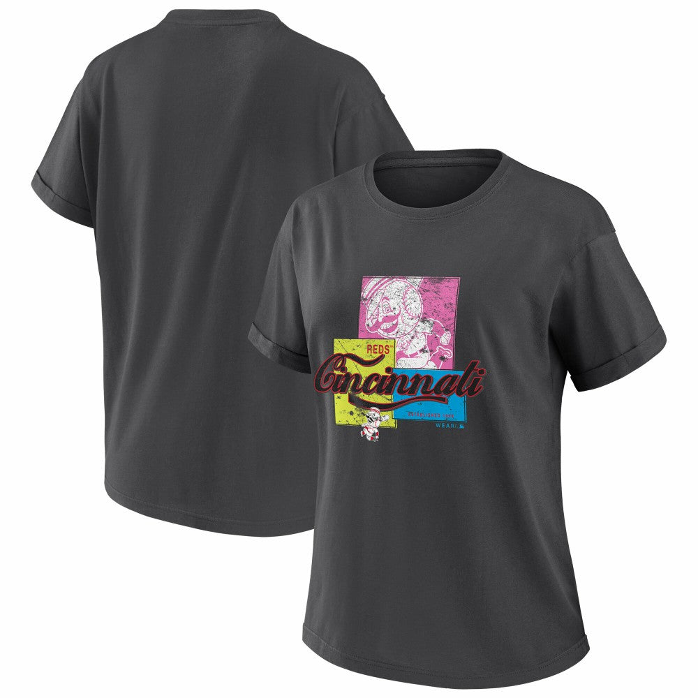 Cincinnati Reds WEAR by Erin Andrews Women's Domestic Box Color Boyfriend T-Shirt - Charcoal T-shirts