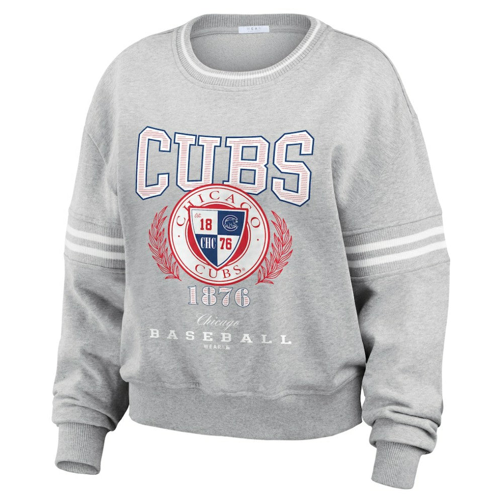 Chicago Cubs WEAR by Erin Andrews Women's Domestic Crest Pullover Sweatshirt - Heather Gray Pullover