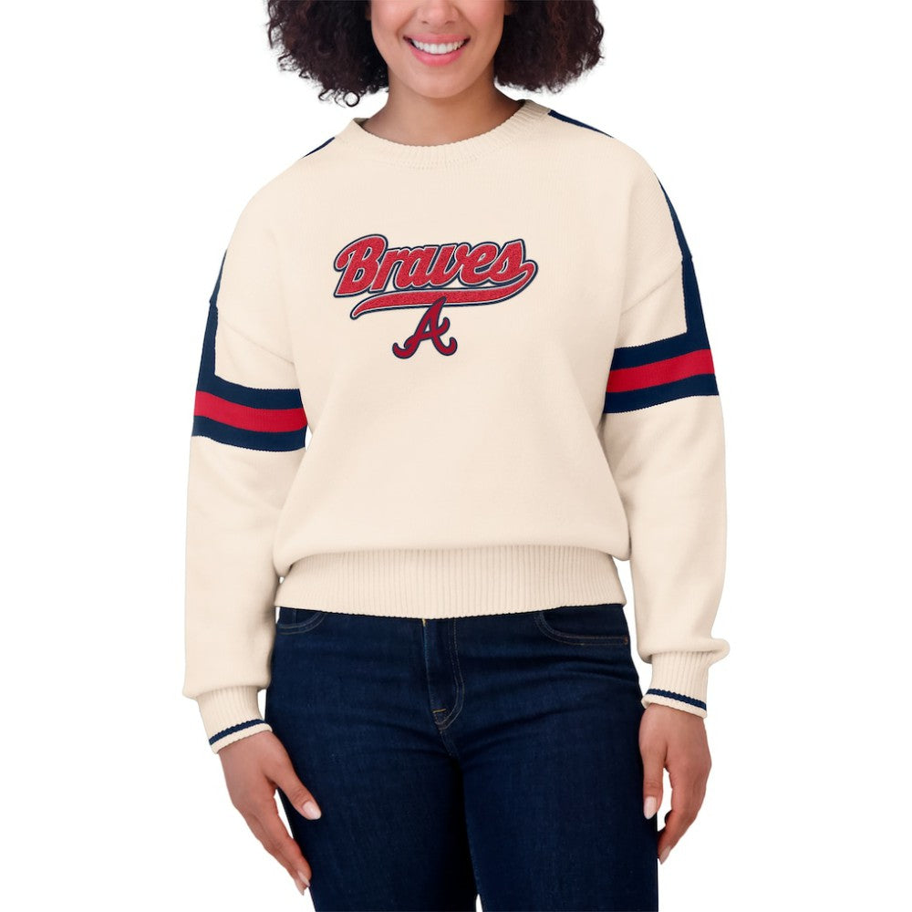 Atlanta Braves WEAR by Erin Andrews Women's Stripe Pullover Sweater - Cream Pullover