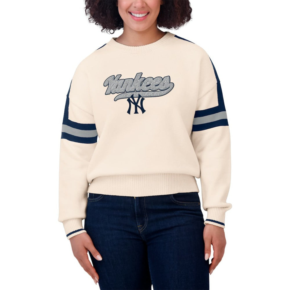 New York Yankees WEAR by Erin Andrews Women's Stripe Pullover Sweater - Cream Pullover