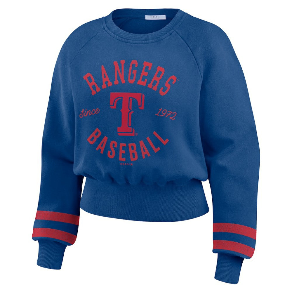 Texas Rangers WEAR by Erin Andrews Women's Vintage Washed Cropped Pullover Sweatshirt - Royal Pullover