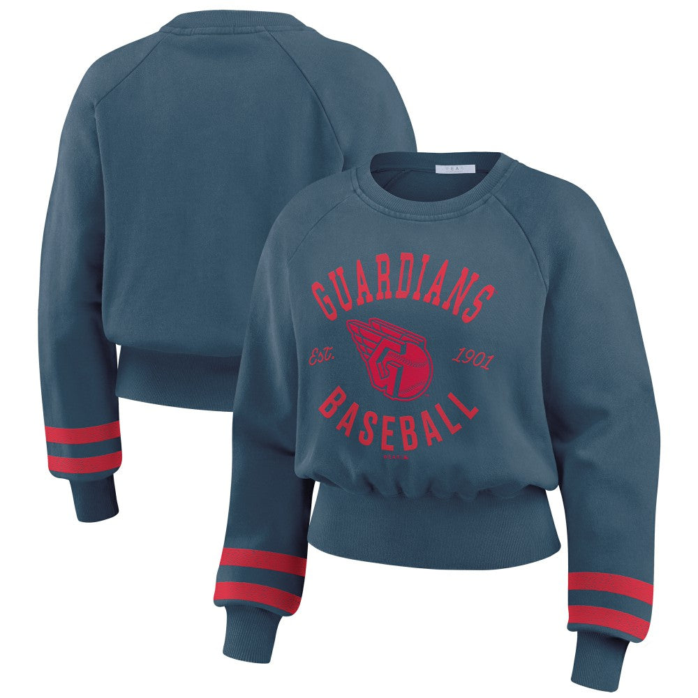 Cleveland Guardians WEAR by Erin Andrews Women's Vintage Washed Cropped Pullover Sweatshirt - Navy Pullover
