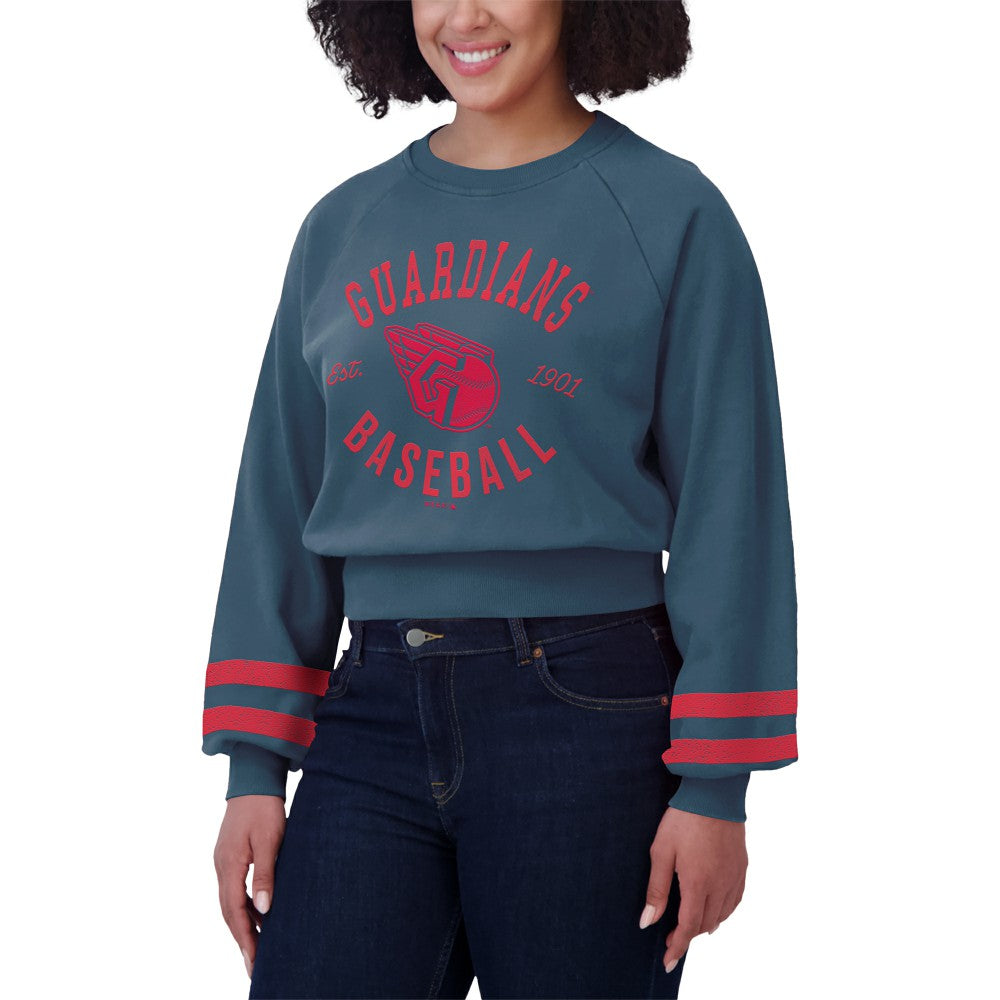 Cleveland Guardians WEAR by Erin Andrews Women's Vintage Washed Cropped Pullover Sweatshirt - Navy Pullover