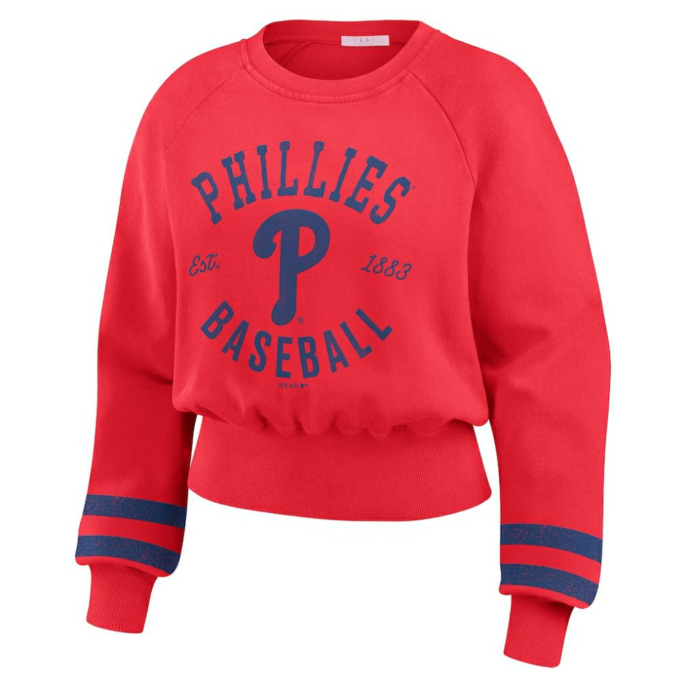 Philadelphia Phillies WEAR by Erin Andrews Women's Vintage Washed Cropped Pullover Sweatshirt - Red Pullover