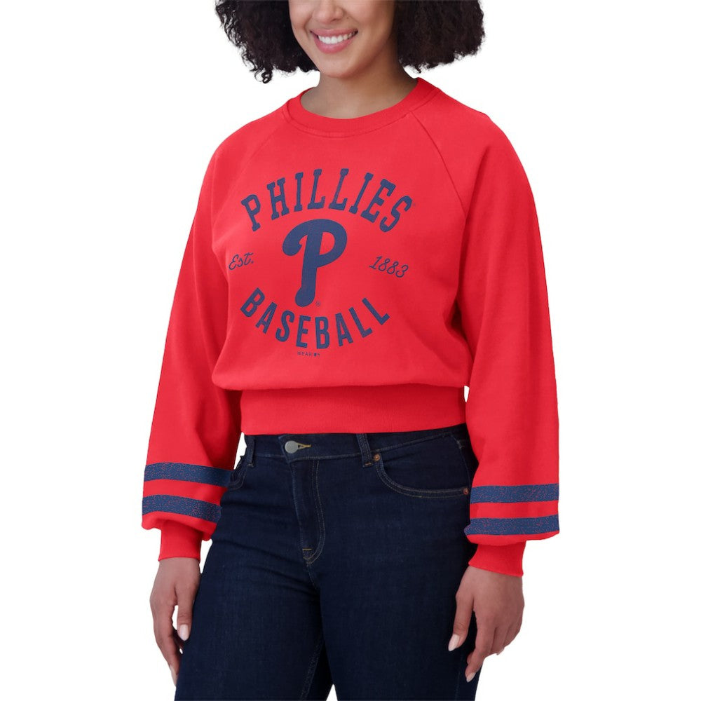Philadelphia Phillies WEAR by Erin Andrews Women's Vintage Washed Cropped Pullover Sweatshirt - Red Pullover