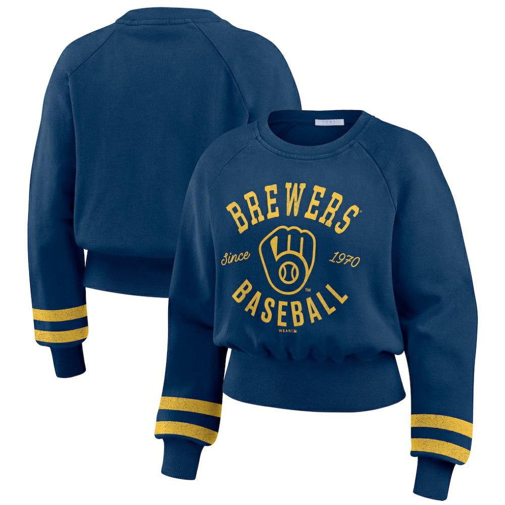 Milwaukee Brewers WEAR by Erin Andrews Women's Vintage Washed Cropped Pullover Sweatshirt - Navy Pullover