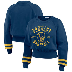 Milwaukee Brewers WEAR by Erin Andrews Women's Vintage Washed Cropped Pullover Sweatshirt - Navy Pullover