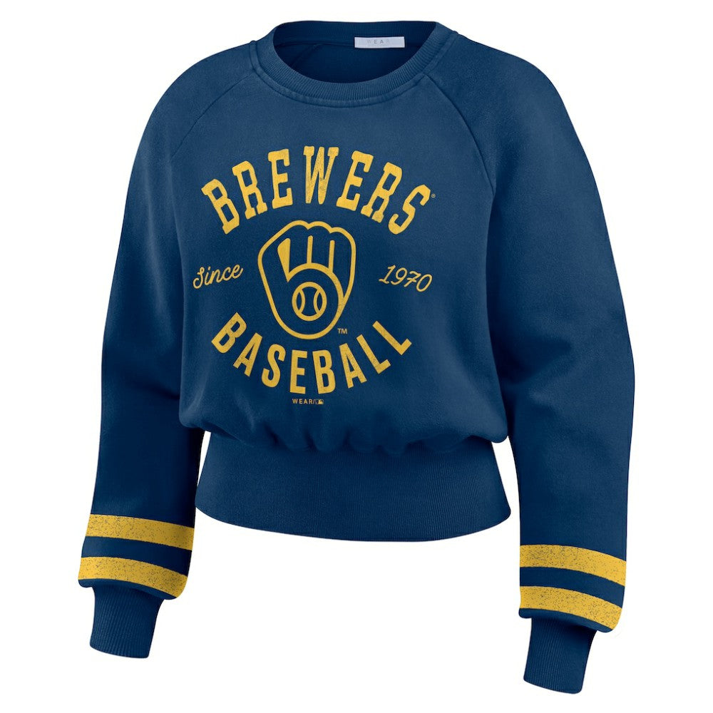 Milwaukee Brewers WEAR by Erin Andrews Women's Vintage Washed Cropped Pullover Sweatshirt - Navy Pullover