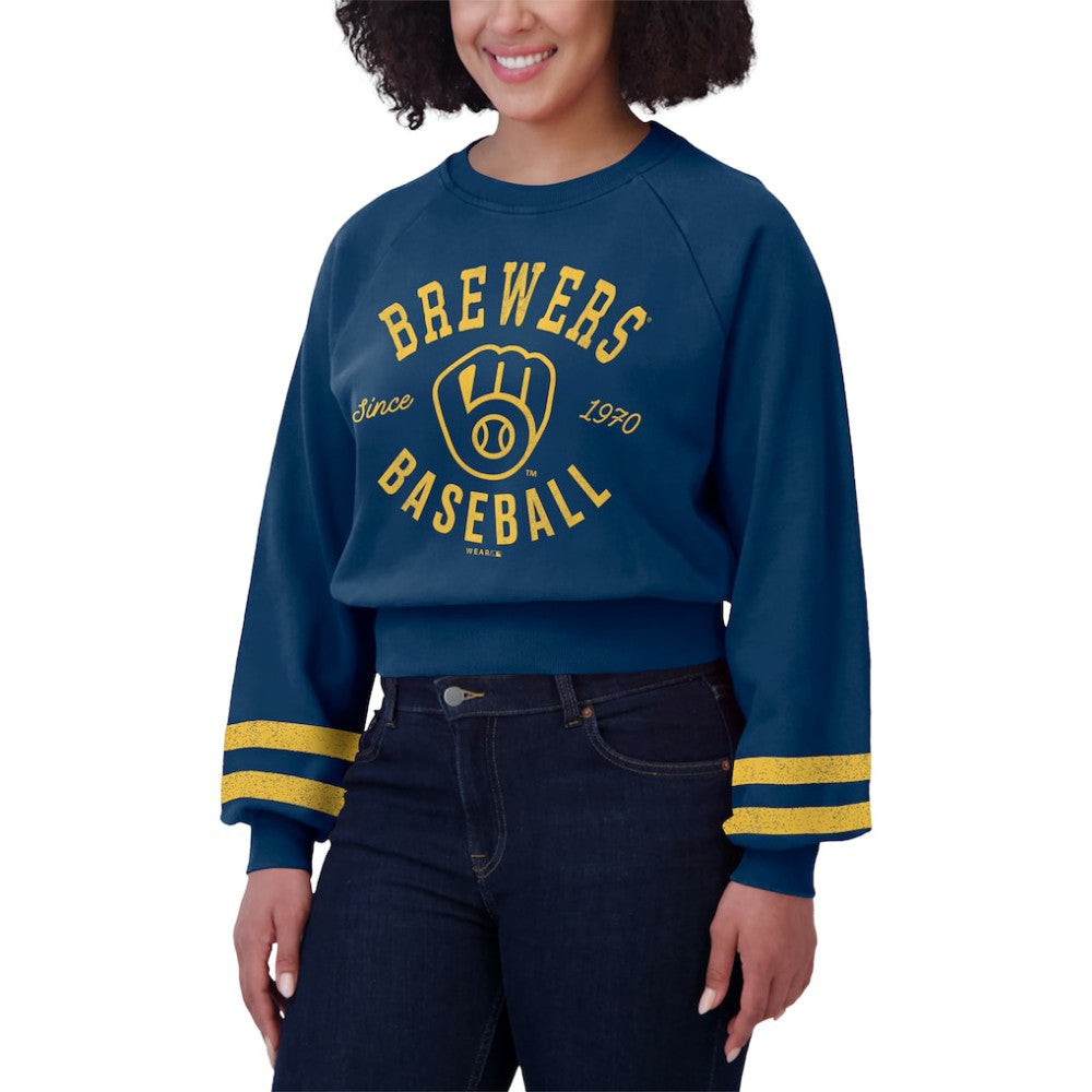 Milwaukee Brewers WEAR by Erin Andrews Women's Vintage Washed Cropped Pullover Sweatshirt - Navy Pullover