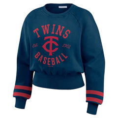 Minnesota Twins WEAR by Erin Andrews Women's Vintage Washed Cropped Pullover Sweatshirt - Navy Pullover
