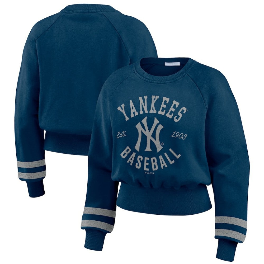 New York Yankees WEAR by Erin Andrews Women's Vintage Washed Cropped Pullover Sweatshirt - Navy Pullover