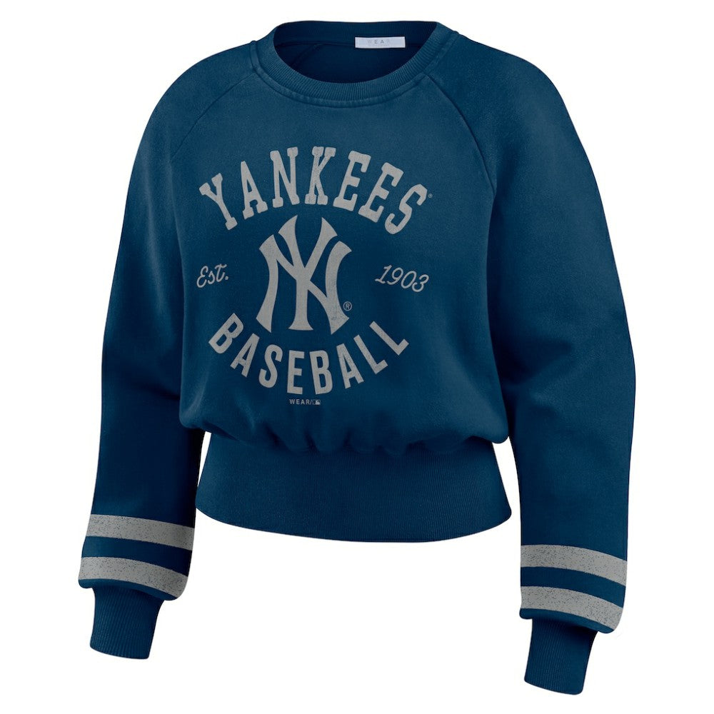 New York Yankees WEAR by Erin Andrews Women's Vintage Washed Cropped Pullover Sweatshirt - Navy Pullover