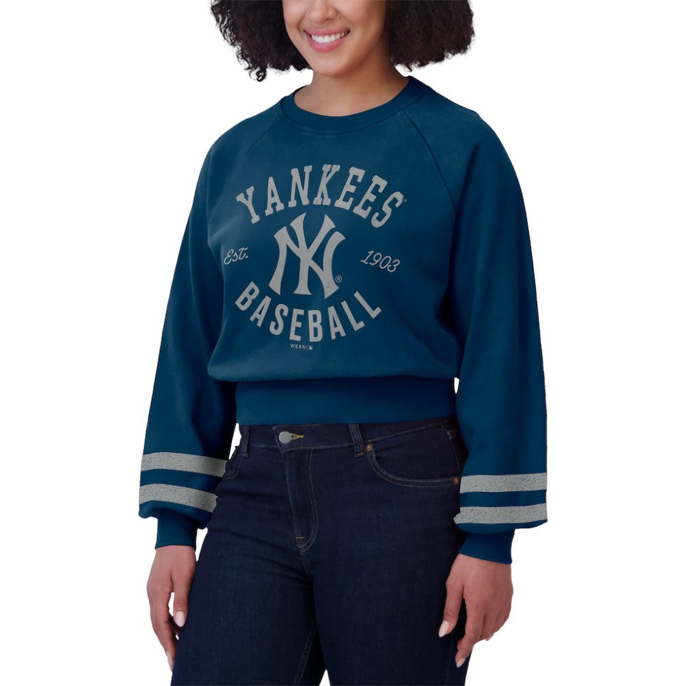 New York Yankees WEAR by Erin Andrews Women's Vintage Washed Cropped Pullover Sweatshirt - Navy Pullover