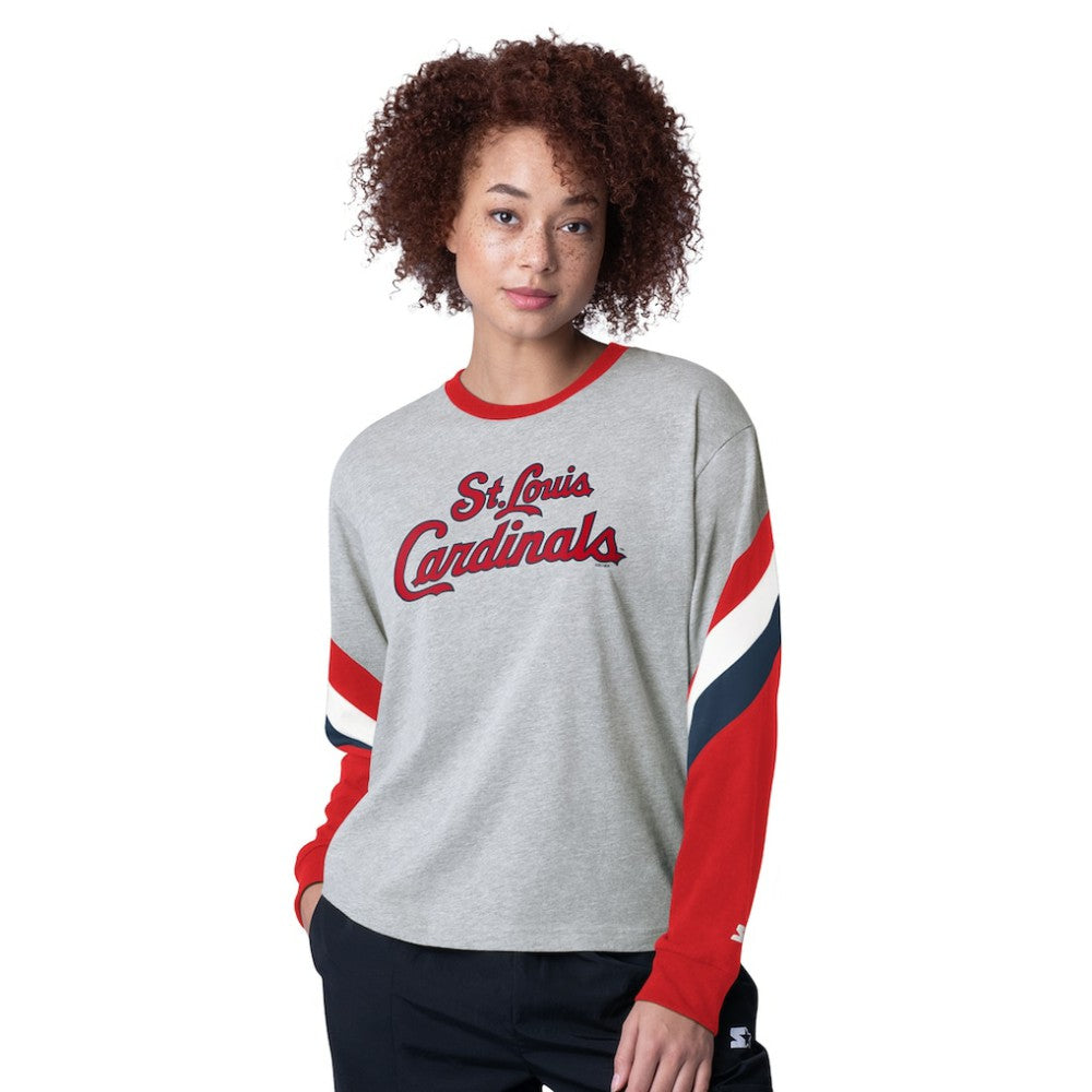 St. Louis Cardinals Starter Women's Triple A Fashion Color Block Long Sleeve Top - Heather Gray Tops