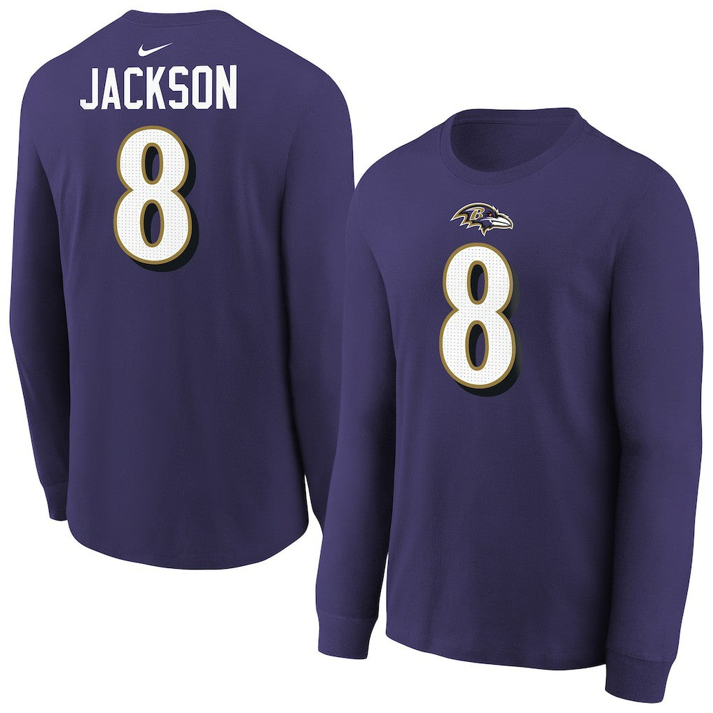 Lamar Jackson Baltimore Ravens Youth Player Name & Number Long Sleeve T-Shirt Purple