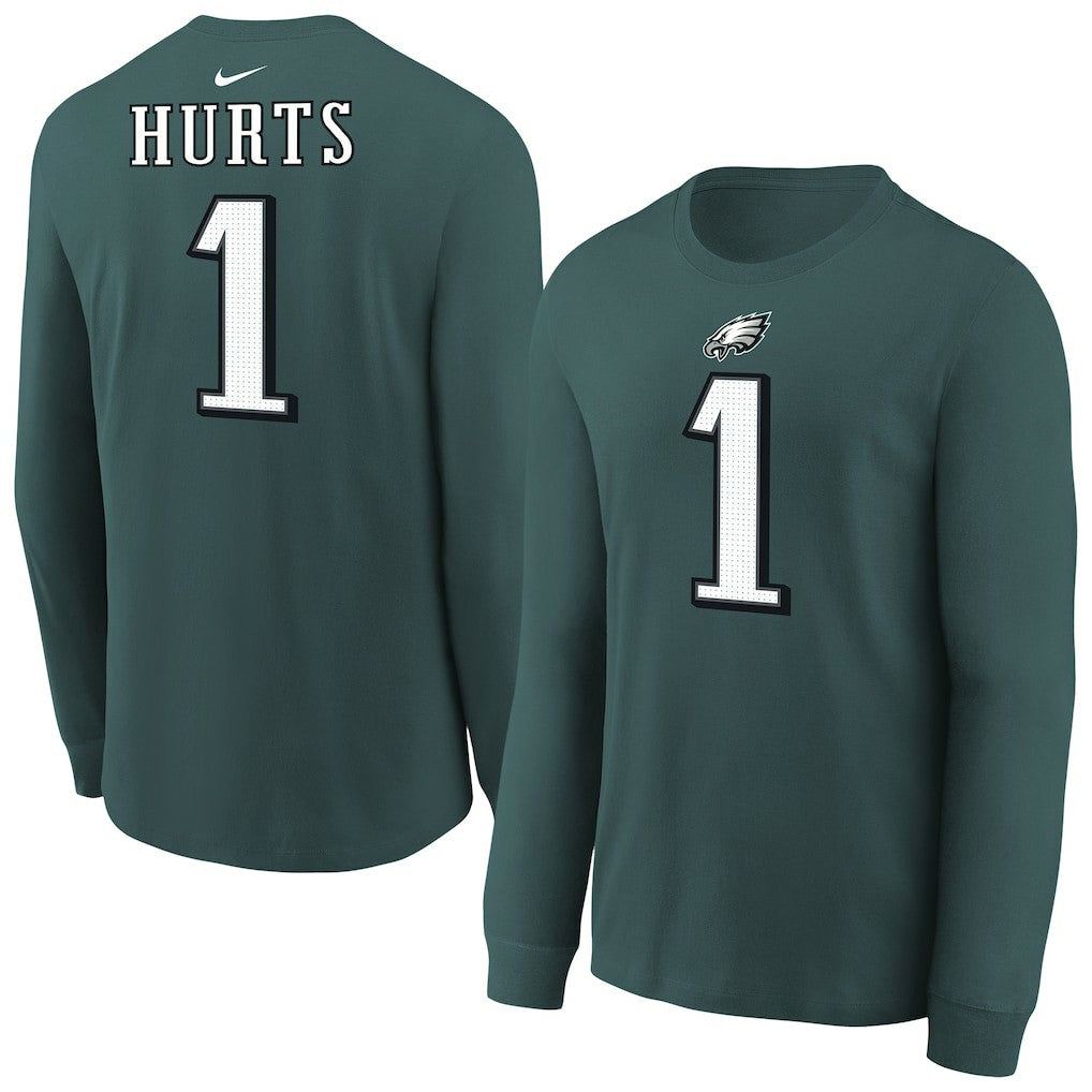 Jalen Hurts Philadelphia Eagles Youth Player Name & Number Long Sleeve T-Shirt Midnight Green