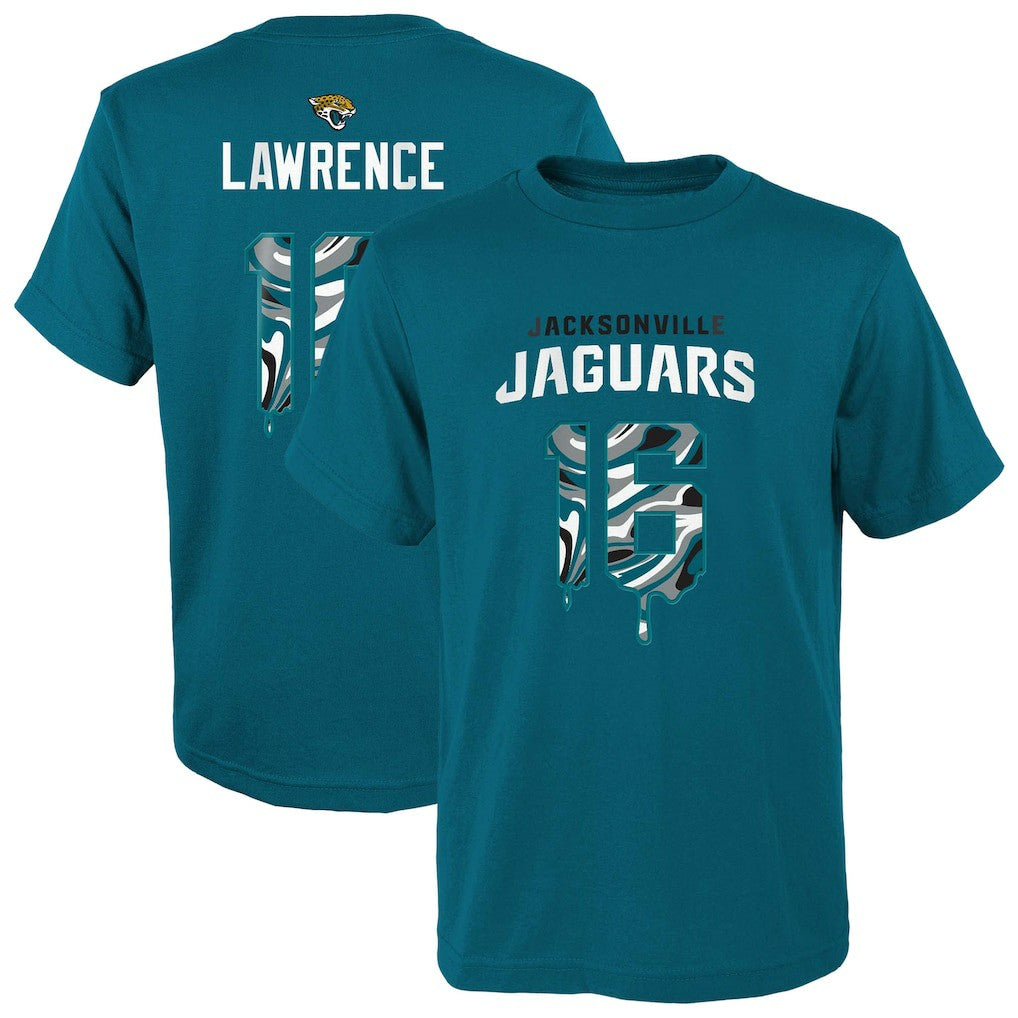 Trevor Lawrence Jacksonville Jaguars Youth Mainliner Drip Player Name & Number T-Shirt Teal