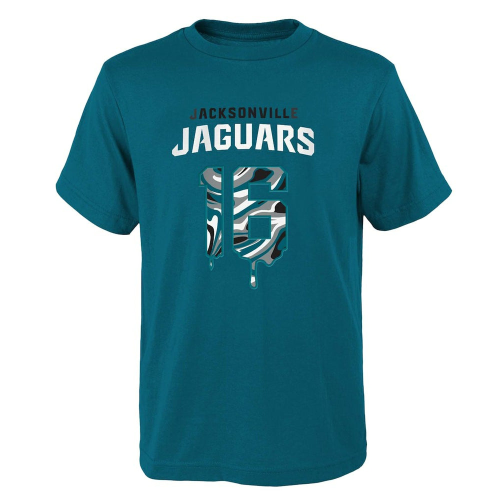 Trevor Lawrence Jacksonville Jaguars Youth Mainliner Drip Player Name & Number T-Shirt Teal