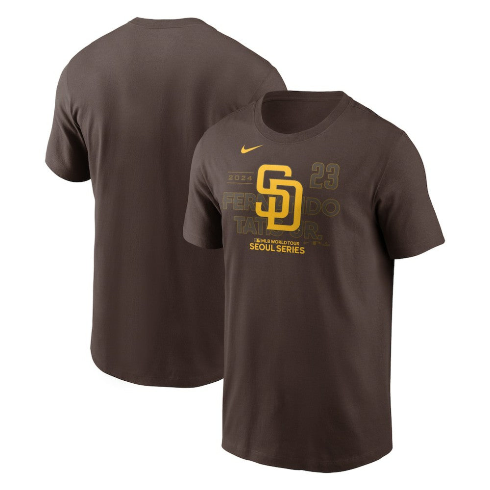 Fernando Tatis Jr. San Diego Padres Nike 2024 MLB World Tour Seoul Series Player Name & Number Event Stack T-Shirt - Brown T-shirts