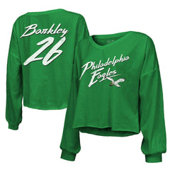 Saquon Barkley Philadelphia Eagles Majestic Threads Women's Name & Number Off-Shoulder Script Cropped Long Sleeve Relaxed V-Neck T-Shirt Kelly Green