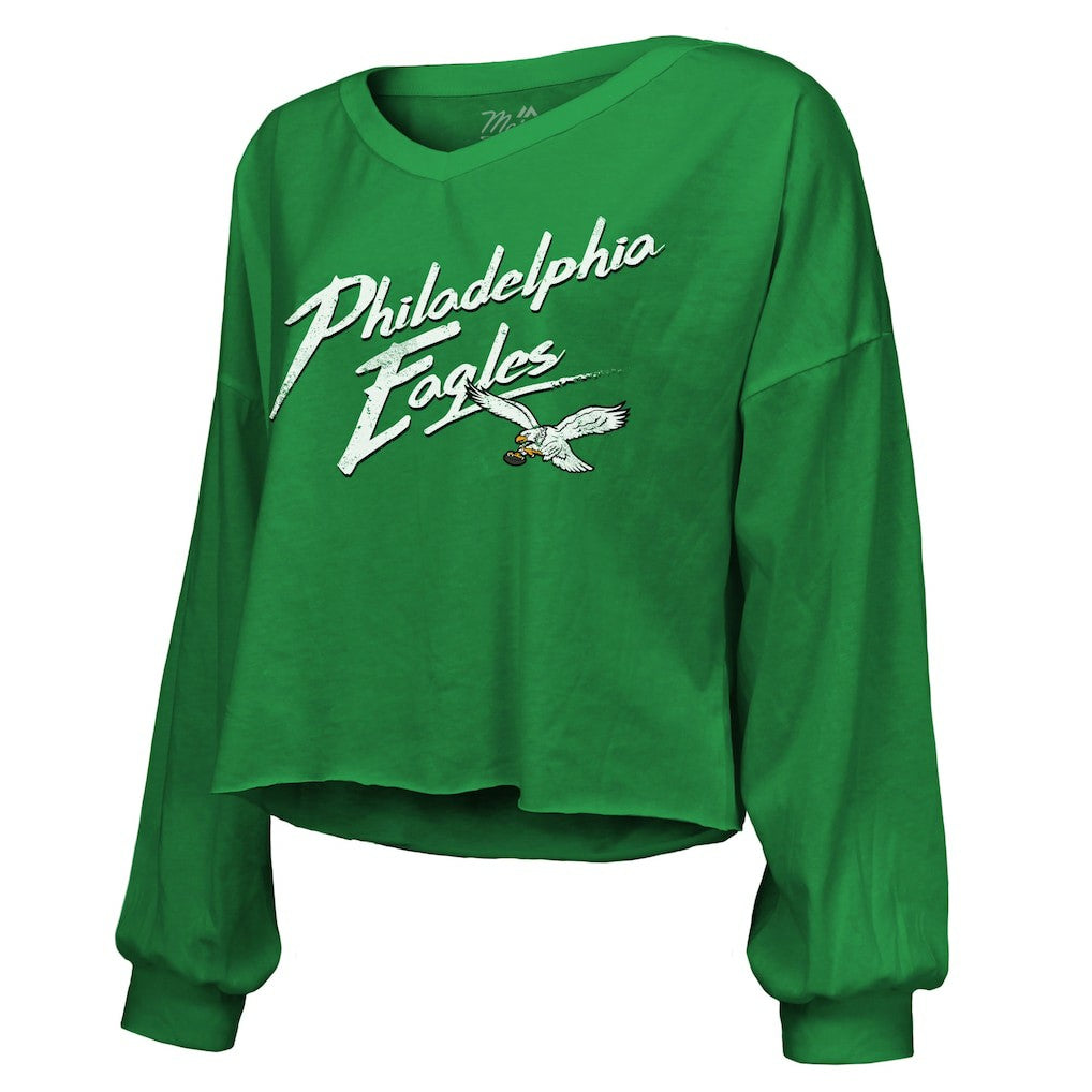 Saquon Barkley Philadelphia Eagles Majestic Threads Women's Name & Number Off-Shoulder Script Cropped Long Sleeve Relaxed V-Neck T-Shirt Kelly Green