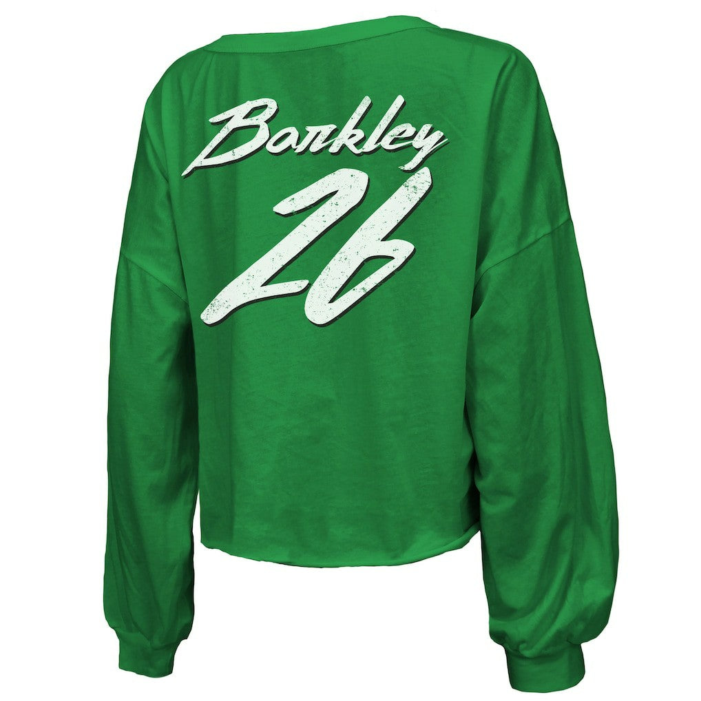 Saquon Barkley Philadelphia Eagles Majestic Threads Women's Name & Number Off-Shoulder Script Cropped Long Sleeve Relaxed V-Neck T-Shirt Kelly Green
