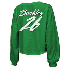 Saquon Barkley Philadelphia Eagles Majestic Threads Women's Name & Number Off-Shoulder Script Cropped Long Sleeve Relaxed V-Neck T-Shirt Kelly Green