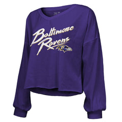 Derrick Henry Baltimore Ravens Majestic Threads Women's Name & Number Off-Shoulder Script Cropped Long Sleeve Relaxed V-Neck T-Shirt Purple