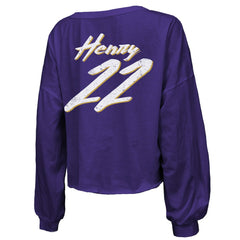 Derrick Henry Baltimore Ravens Majestic Threads Women's Name & Number Off-Shoulder Script Cropped Long Sleeve Relaxed V-Neck T-Shirt Purple