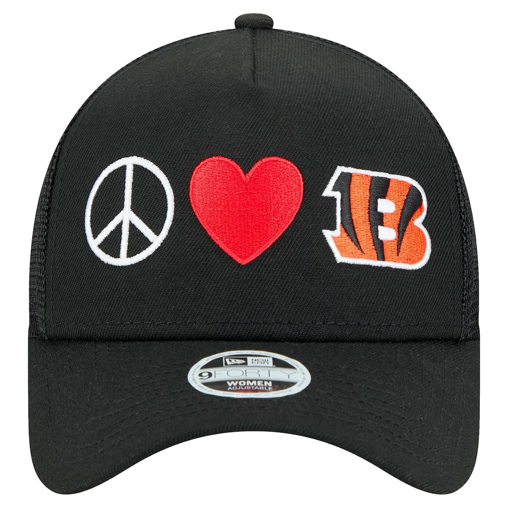 Cincinnati Bengals New Era Women's Peace & Love Trucker 9FORTY Adjustable Hat Black