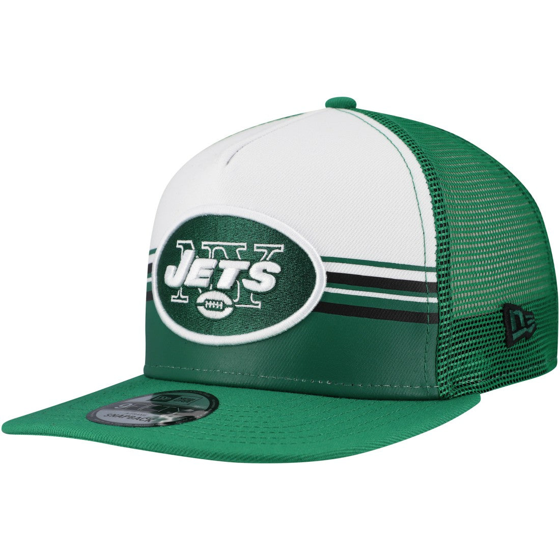 New York Jets New Era Striped A-Frame 9FIFTY Adjustable Trucker Snapback Hat White/Green