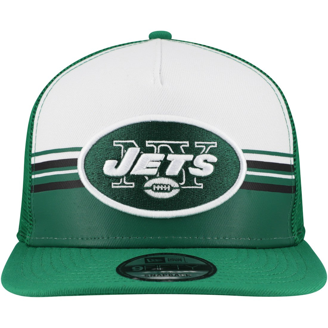New York Jets New Era Striped A-Frame 9FIFTY Adjustable Trucker Snapback Hat White/Green