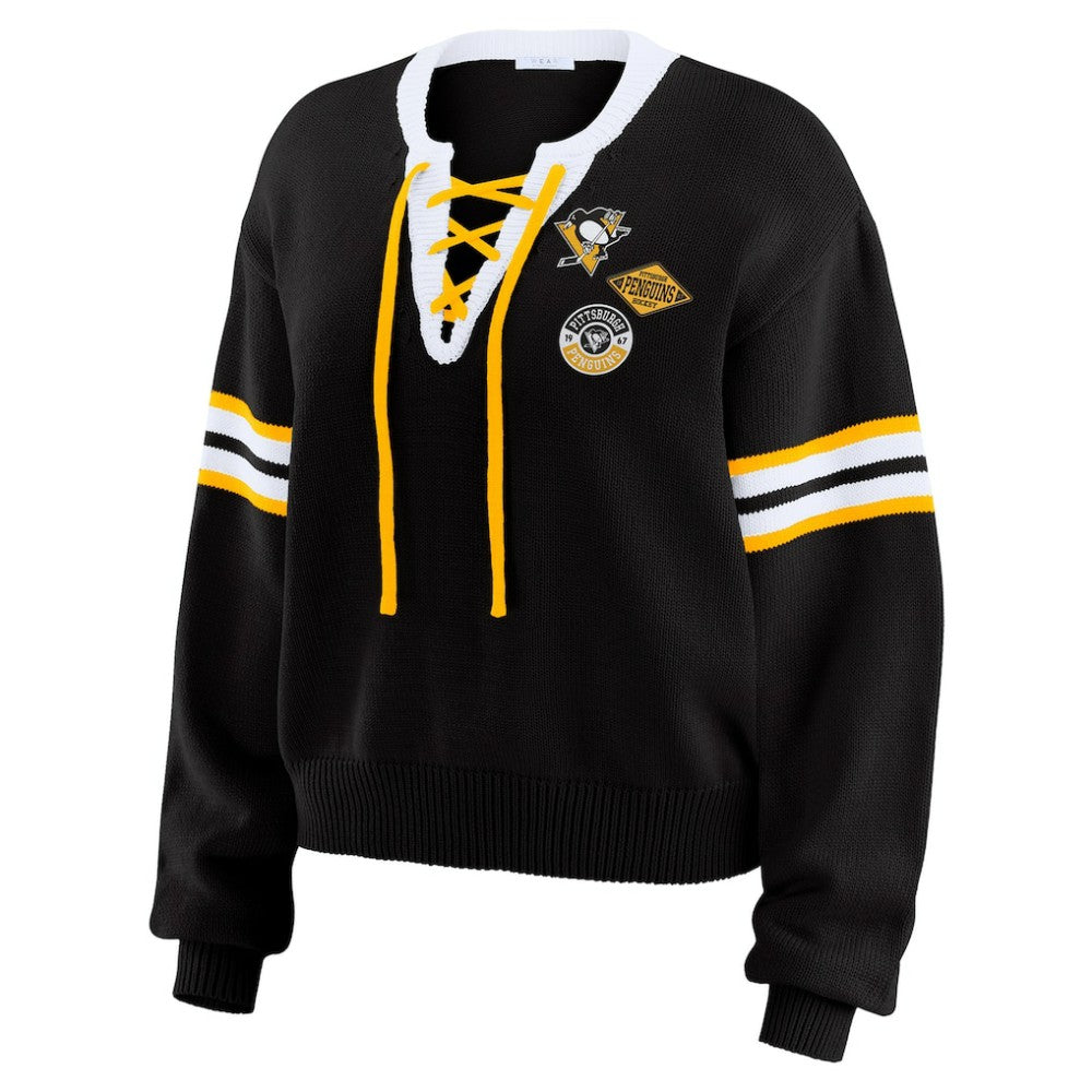 NHL Pittsburgh Penguins WEAR by Erin Andrews Women's Cropped Lace-Up Sweater - Black