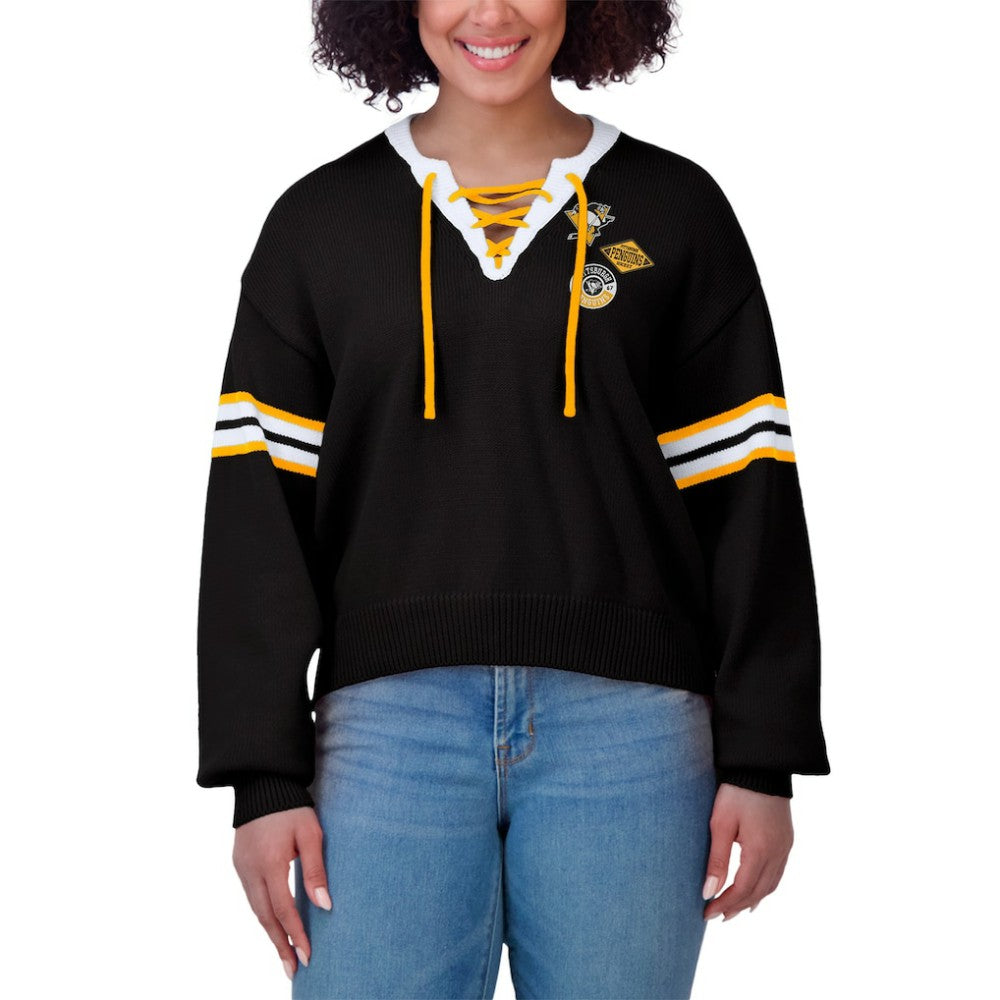 NHL Pittsburgh Penguins WEAR by Erin Andrews Women's Cropped Lace-Up Sweater - Black