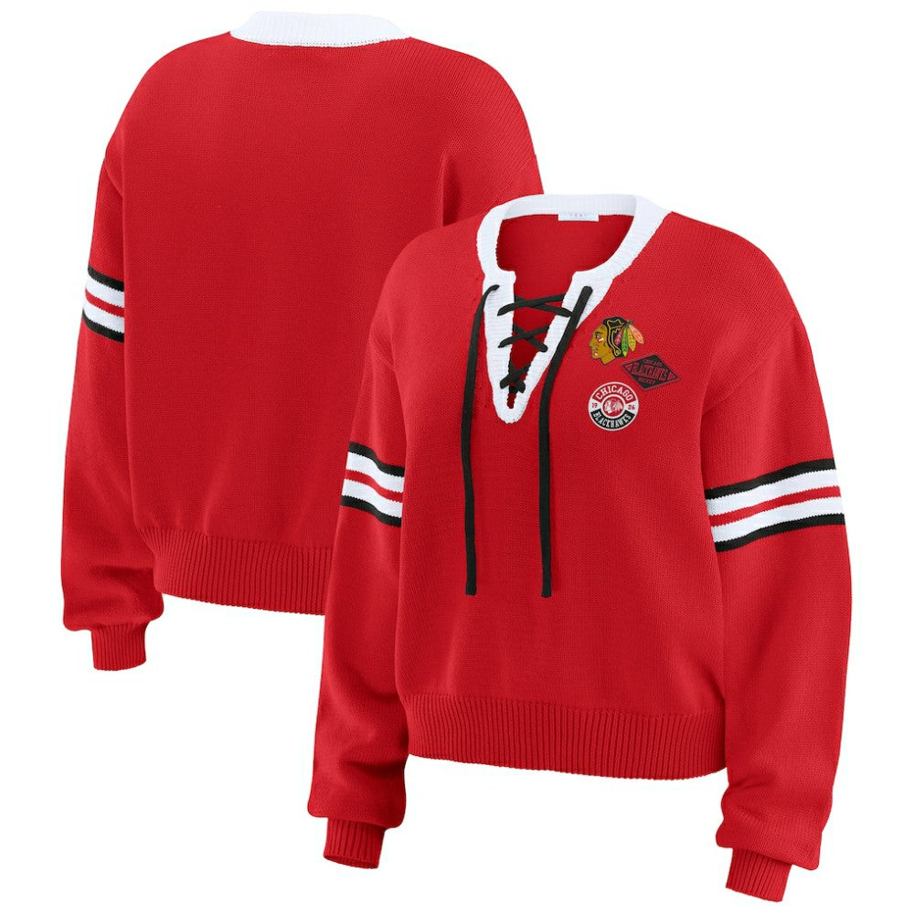 NHL Chicago Blackhawks WEAR by Erin Andrews Women's Cropped Lace-Up Sweater - Red