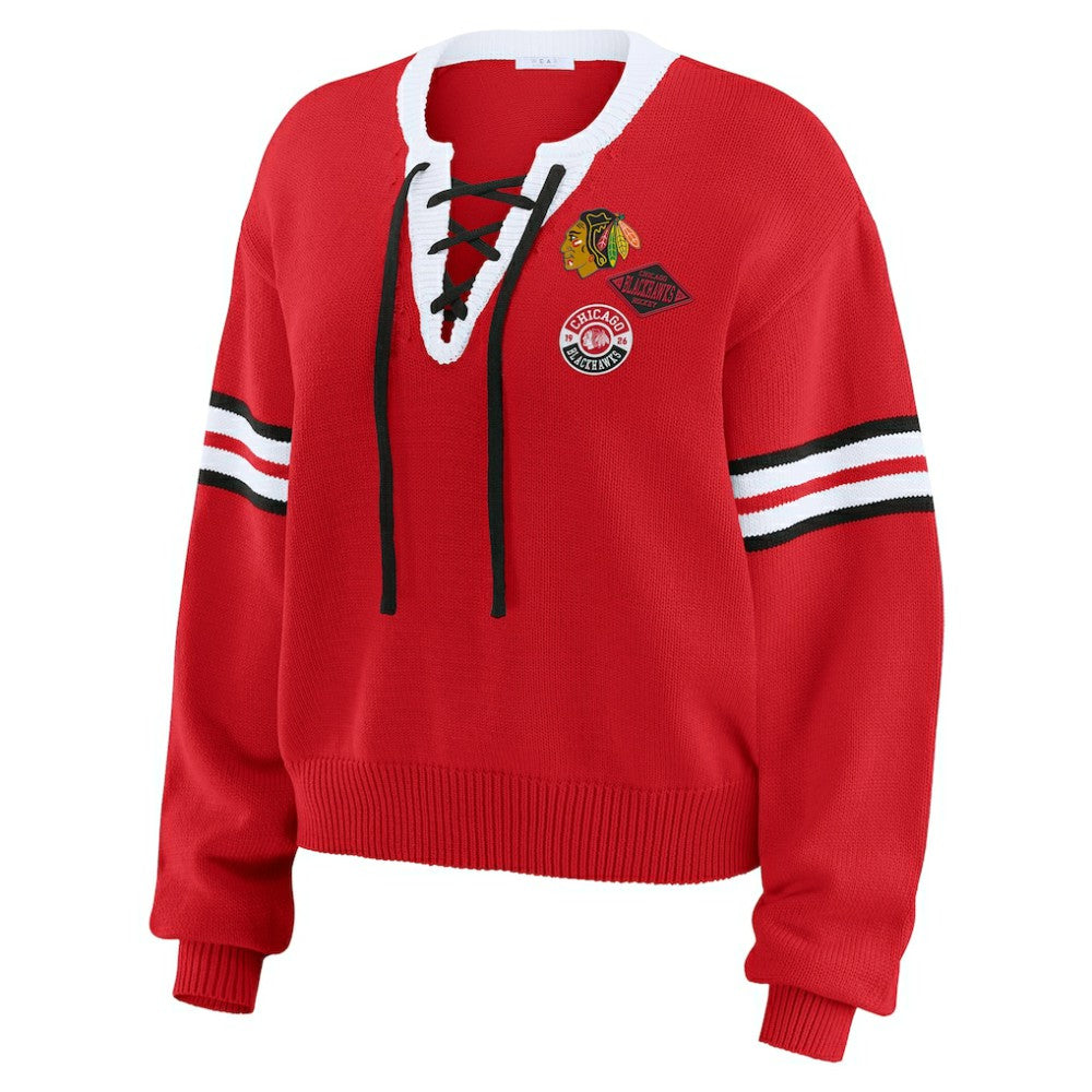 NHL Chicago Blackhawks WEAR by Erin Andrews Women's Cropped Lace-Up Sweater - Red
