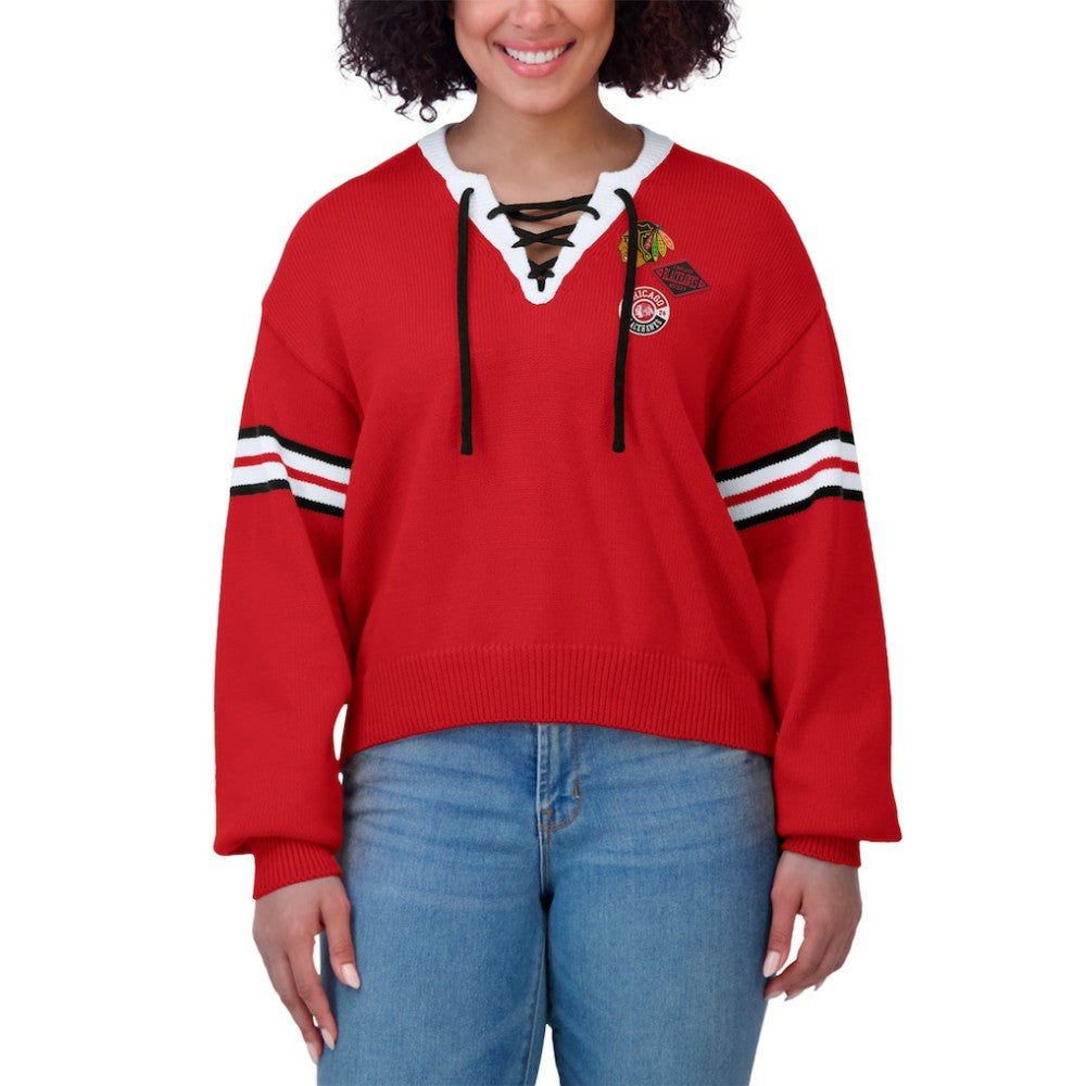 NHL Chicago Blackhawks WEAR by Erin Andrews Women's Cropped Lace-Up Sweater - Red