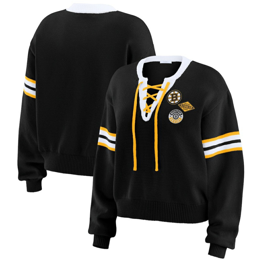NHL Boston Bruins WEAR by Erin Andrews Women's Cropped Lace-Up Sweater - Black