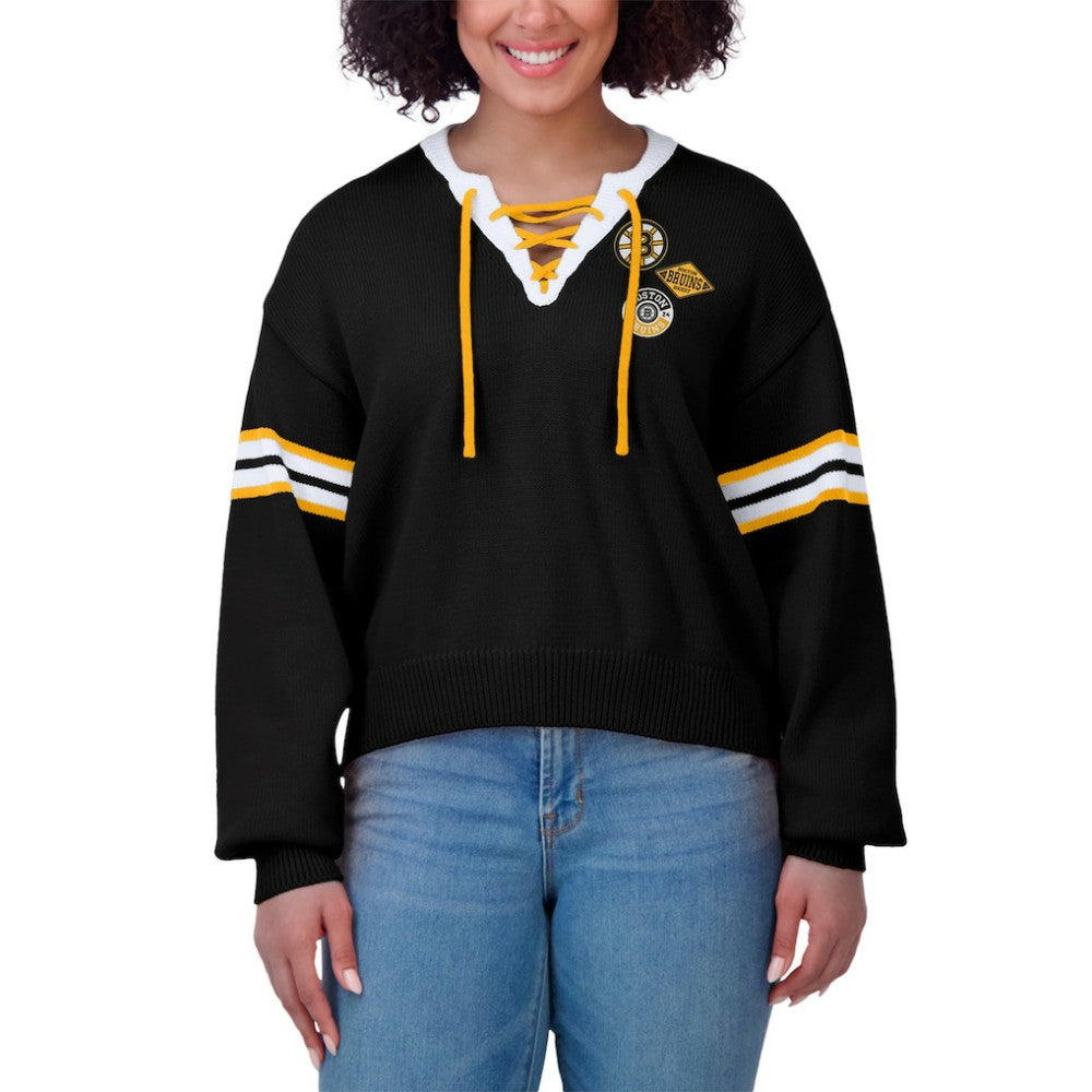 NHL Boston Bruins WEAR by Erin Andrews Women's Cropped Lace-Up Sweater - Black