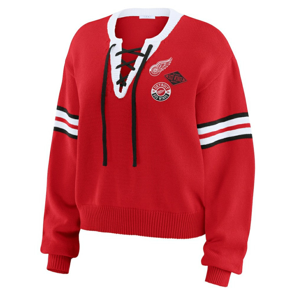 NHL Detroit Red Wings WEAR by Erin Andrews Women's Cropped Lace-Up Sweater - Red