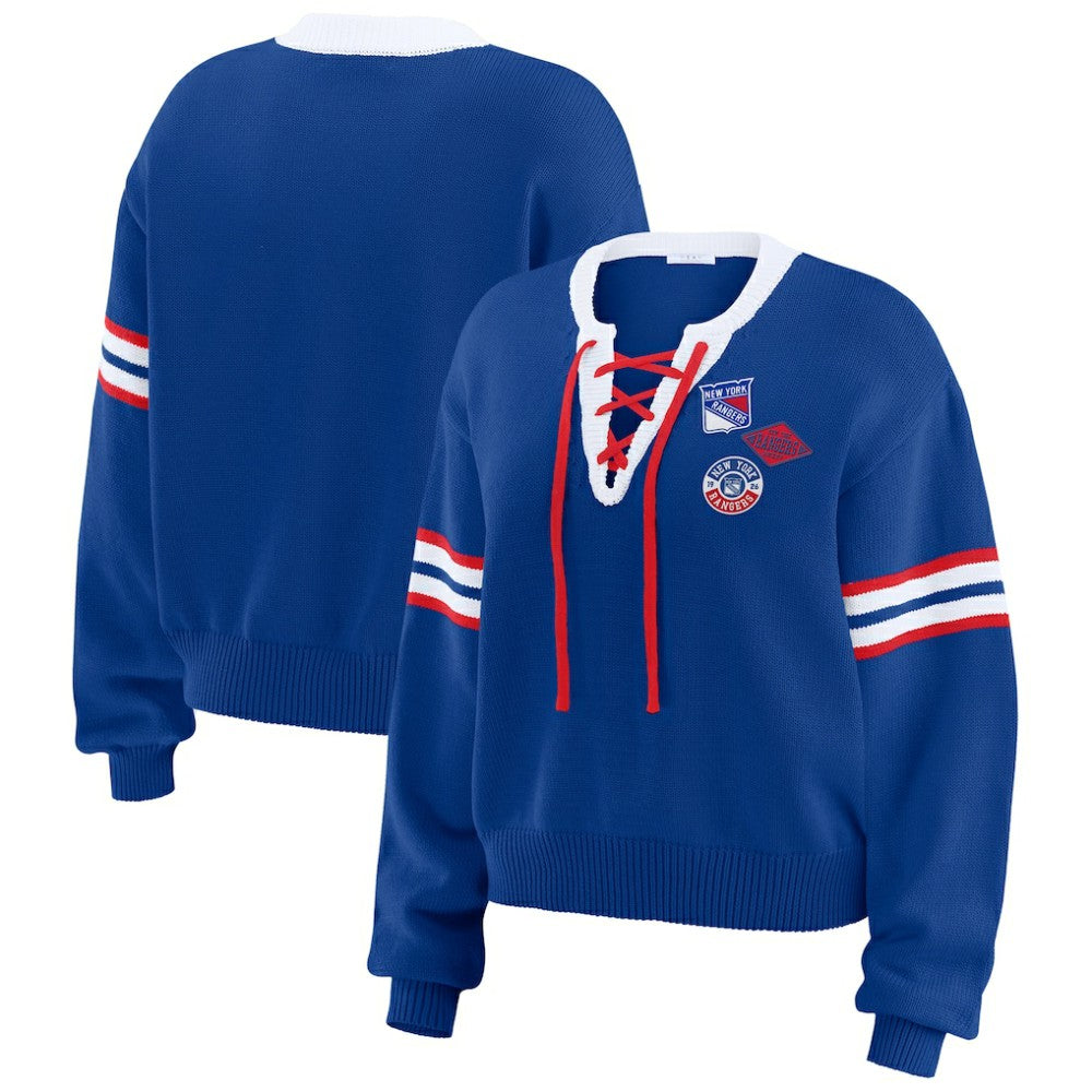 NHL New York Rangers WEAR by Erin Andrews Women's Cropped Lace-Up Sweater - Blue