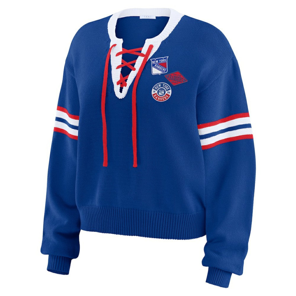 NHL New York Rangers WEAR by Erin Andrews Women's Cropped Lace-Up Sweater - Blue