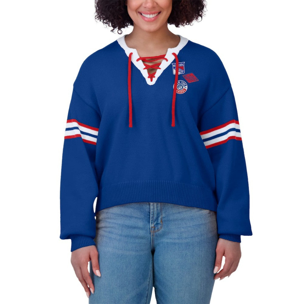 NHL New York Rangers WEAR by Erin Andrews Women's Cropped Lace-Up Sweater - Blue