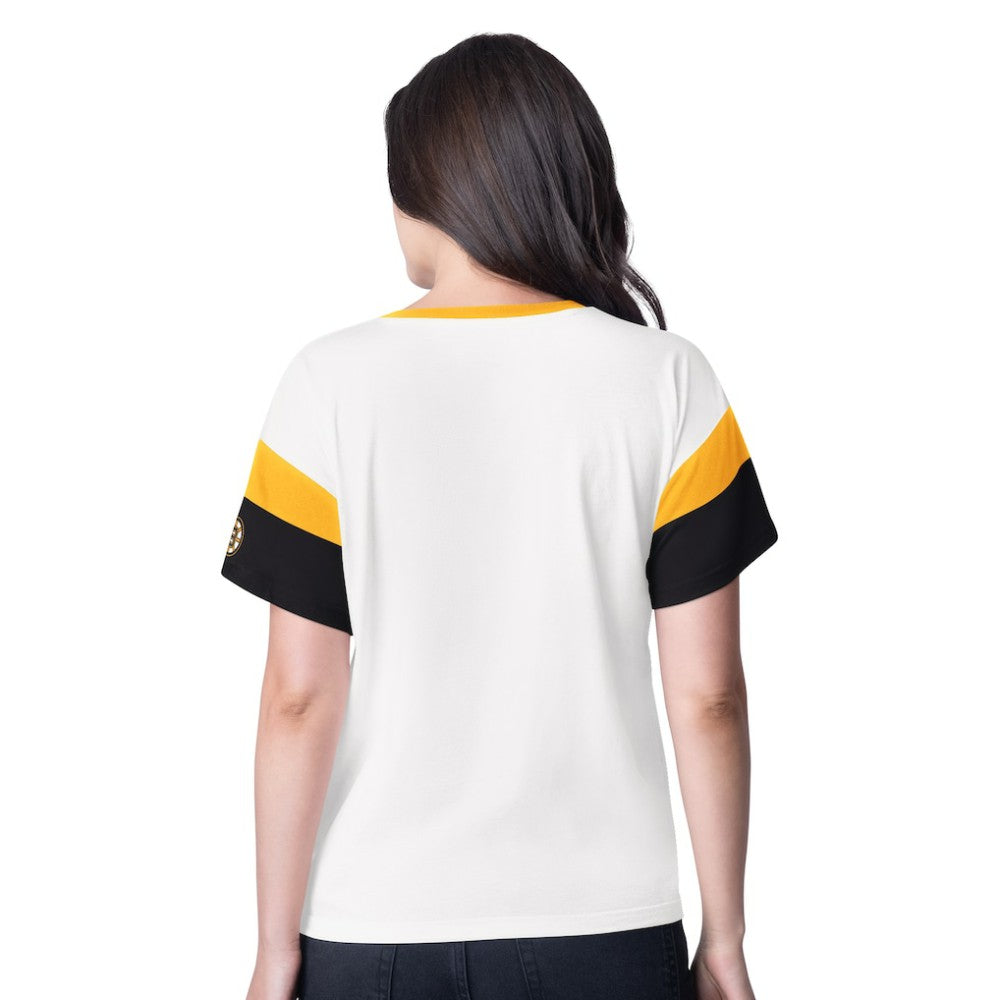 NHL Boston Bruins G-III 4Her by Carl Banks Women's Rink Oversized Rhinestone V-Neck T-Shirt - White