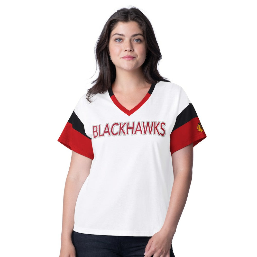 NHL Chicago Blackhawks G-III 4Her by Carl Banks Women's Rink Oversized Rhinestone V-Neck T-Shirt - White