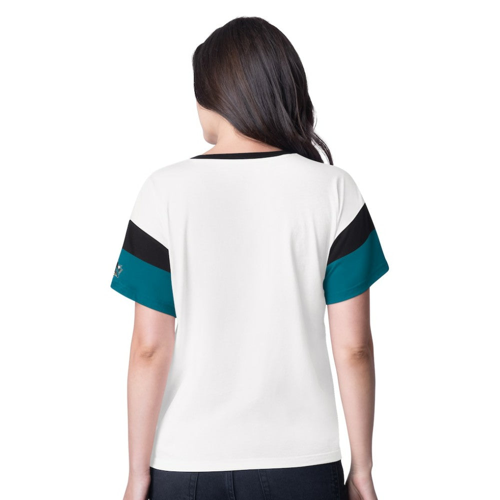 NHL San Jose Sharks G-III 4Her by Carl Banks Women's Rink Oversized Rhinestone V-Neck T-Shirt - White